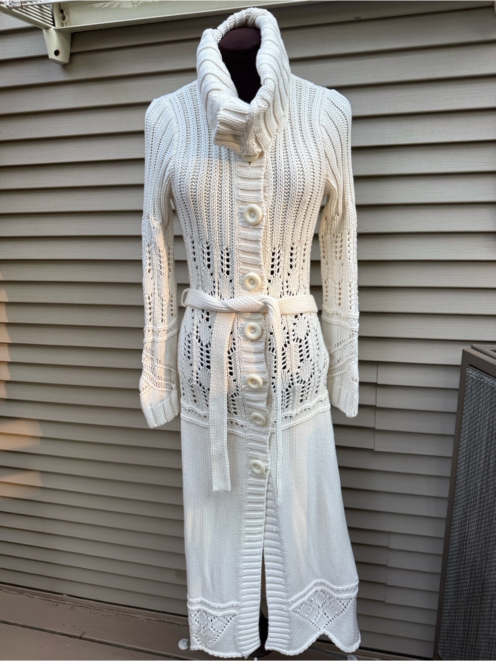 Moda International Long Cream Open-Knit Button-Front Belted Cardigan Size M - Picture 5 of 8